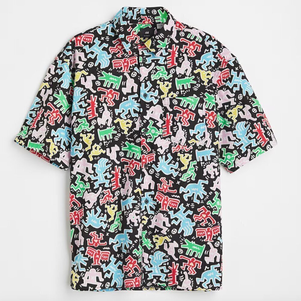 H and M Loose Fit Short-sleeved Shirt Color - Black/Keith Haring